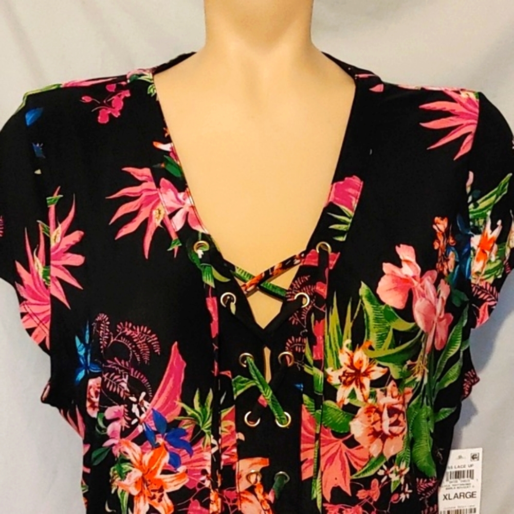 INC ruched tie front floral blouse, NEW - Picture 2 of 7